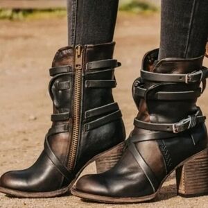 FREEBIRD BAKER BUCKLE STRAP BOOTS 6 BOHO WESTERN BROWN BURNISHED LEATHER